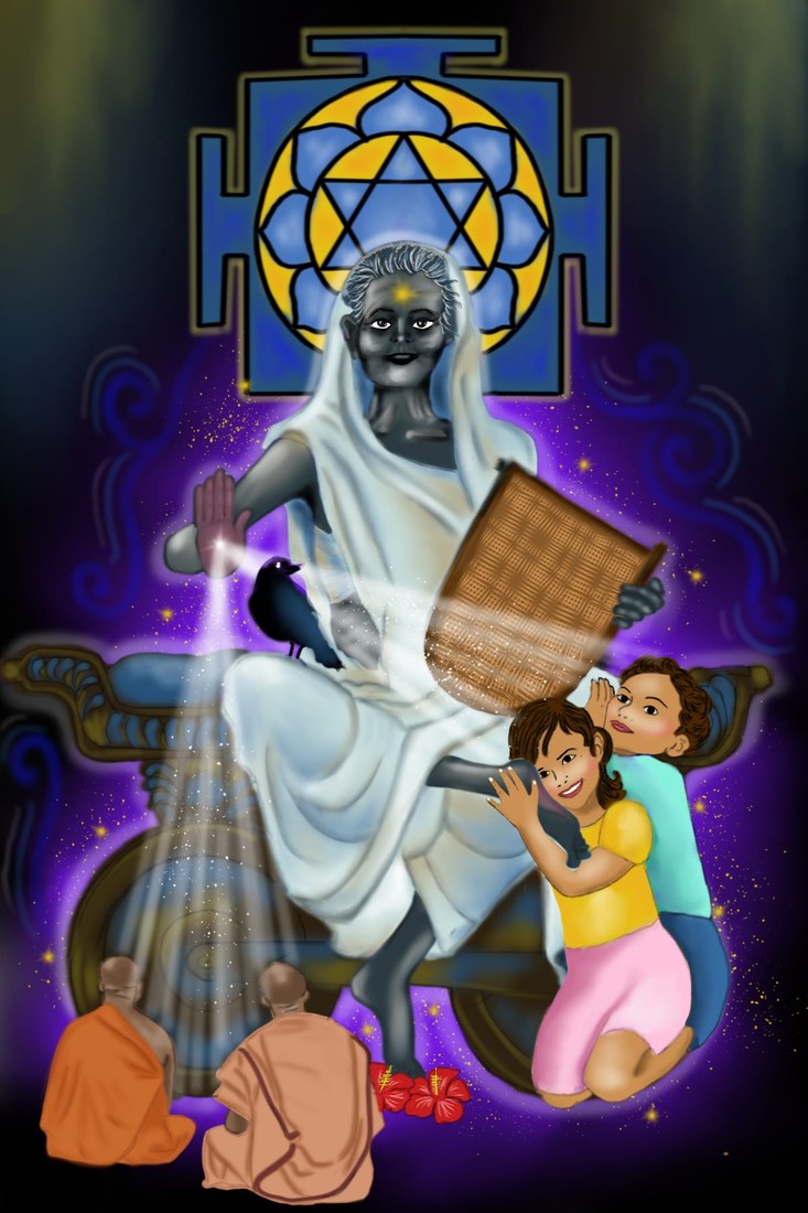 Darshan of The Divine Vigraha Of The Divine Mother Maa DhumaVati, in the white sari upon the chariot, the winnowing basket in hand, the crow at the knee, the children and devotees At The Divine Feet